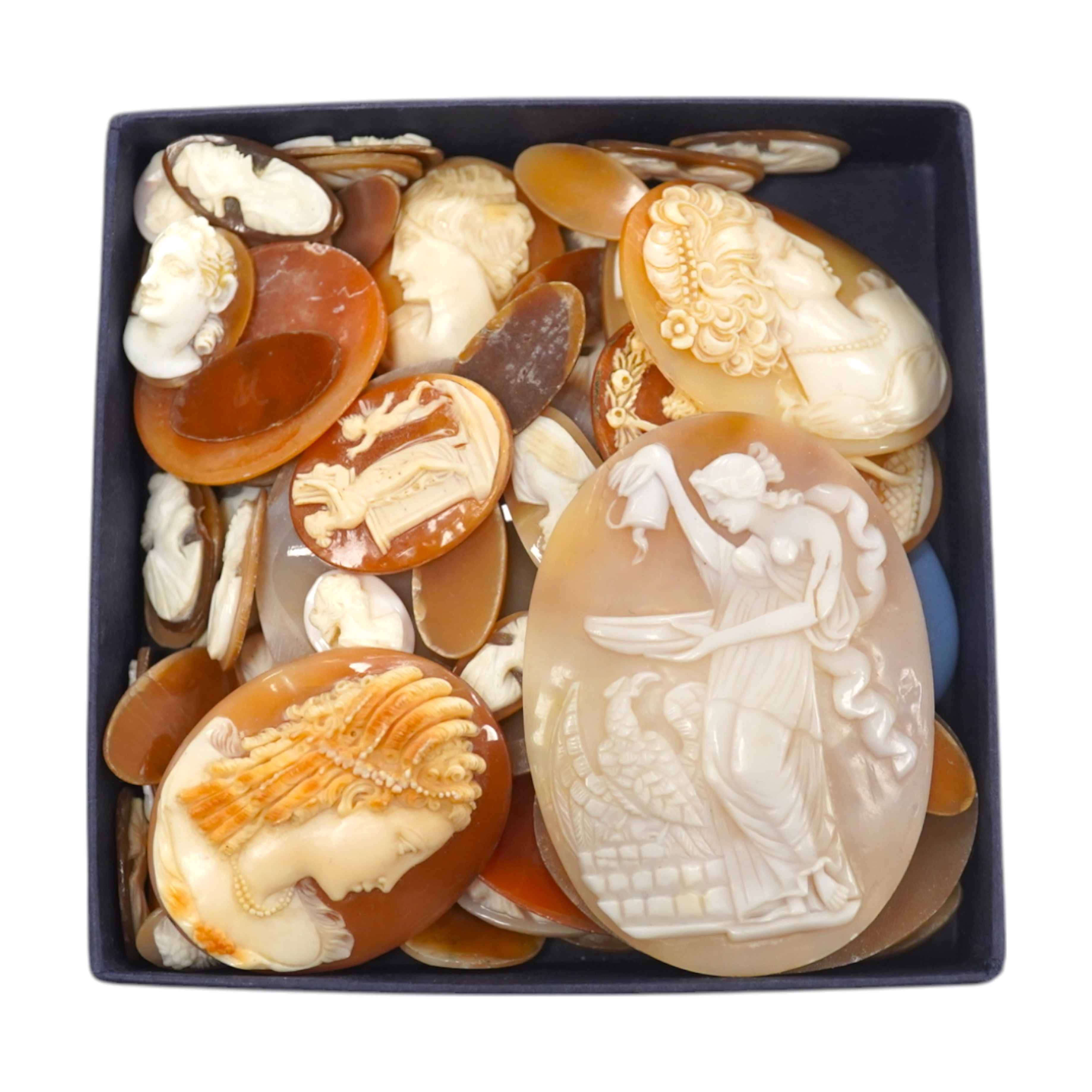 A quantity of assorted unmounted mainly carved cameo shells, largest 55mm. Condition - poor to fair to good